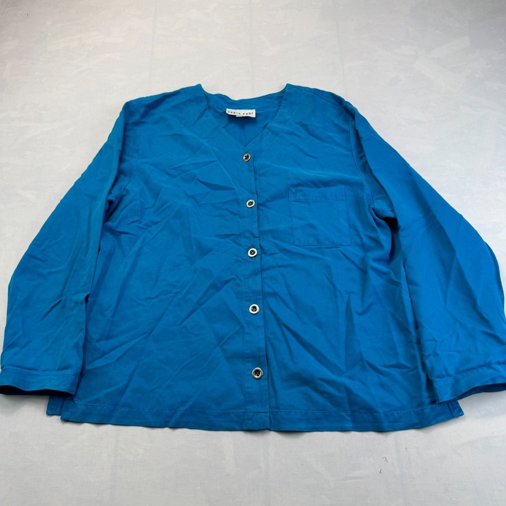 David Dart Shirt Top Womens XL Blue Long Sleeve V-Neck Chest Pocket Button Front